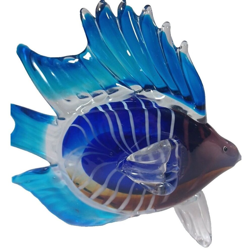 Large Rare Tetra Cobalt Turquoise Angel Fish Murano Sculpture 10" X 8.5 Vintage - Picture 12 of 14